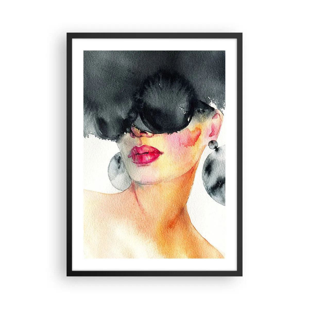 Pôster com moldura preta - Retrato em aquarela de uma mulher usando brincos grandes e uma máscara preta. - 50x70cm - O segredo da elegância - Decoração de parede moderna para a sala de estar e quarto ARTTOR