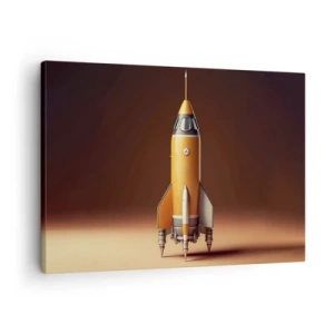 Quadro em tela - Um foguete de estilo retrô contra um fundo de tons marrons - 70x50cm - Tudo começa com um sonho - Decoração de parede moderna para a sala de estar e quarto ARTTOR