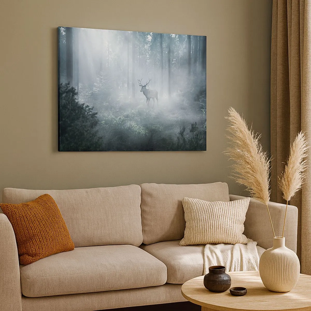 Quadro em tela - Um veado em uma floresta densa envolto em névoa matinal - 70x50cm - Passeio matinal à volta da propriedade - Decoração de parede moderna para a sala de estar e quarto ARTTOR