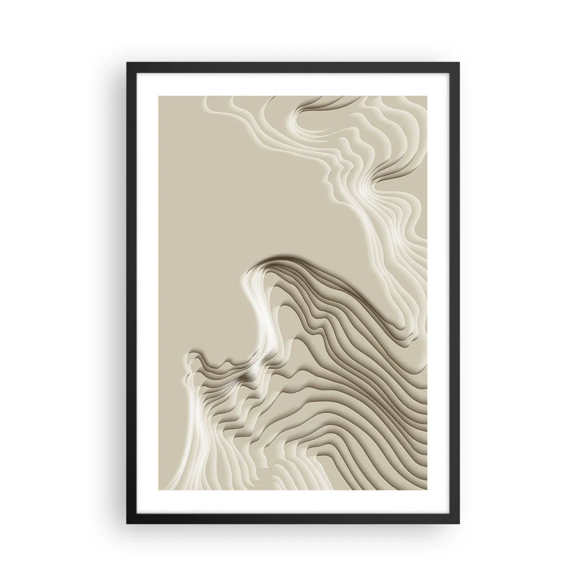 Pôster com moldura preta - Ondas em camadas em tons de bege e marrom - 50x70cm - Topografia da arte - Decoração de parede moderna para a sala de estar e quarto ARTTOR