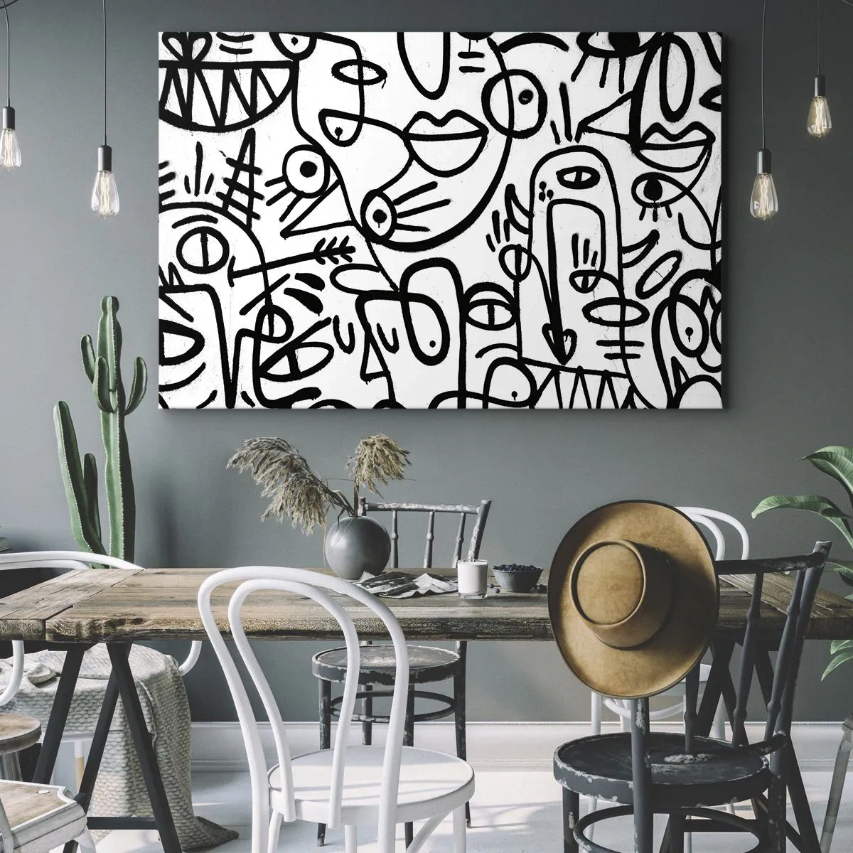 Quadro em tela - Desenhos abstratos em preto e branco com motivos faciais - 70x50cm - Rostos e miragens - Decoração de parede moderna para a sala de estar e quarto ARTTOR