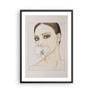 Pôster com moldura preta - Retrato de uma mulher com uma orquídea nos lábios - 50x70cm - Símbolo de elegância e beleza - Decoração de parede moderna para a sala de estar e quarto ARTTOR