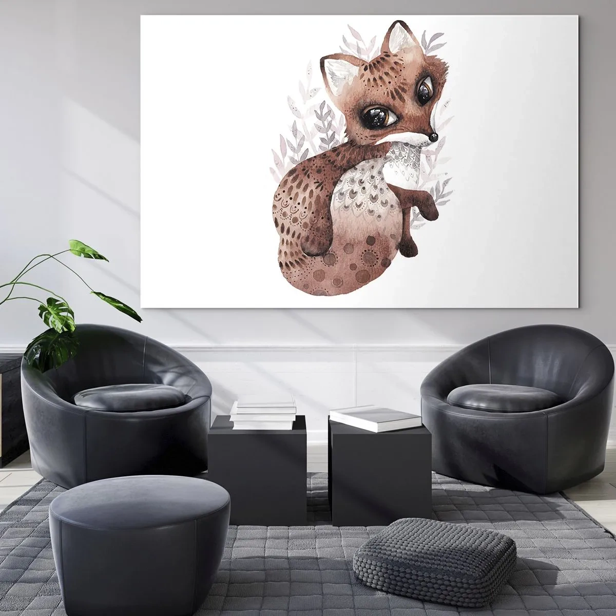 Quadro em vidro - Uma linda raposa em aquarela sobre um fundo branco - 70x50cm - Como não amar - Decoração de parede moderna para a sala de estar e quarto ARTTOR
