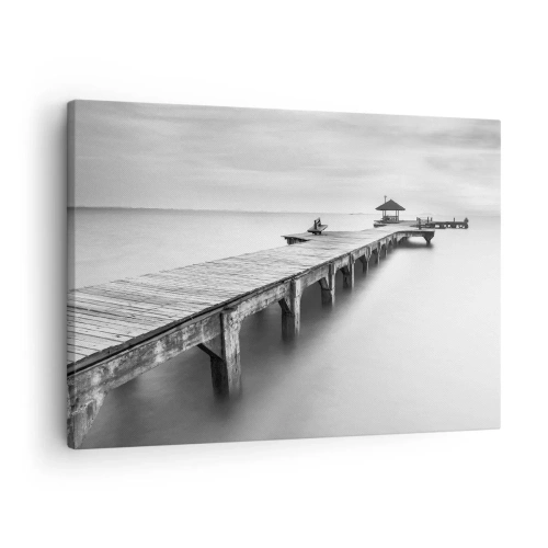 Quadro em tela - Uma vista em preto e branco de um píer de madeira sobre águas calmas. - 70x50cm - Para longe - Decoração de parede moderna para a sala de estar e quarto ARTTOR