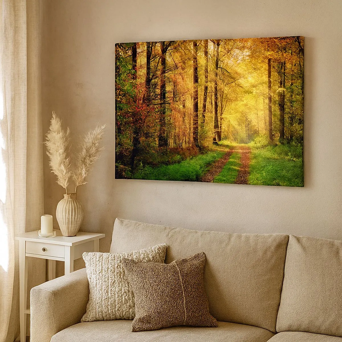 Quadro em tela - Um caminho na floresta cercado por árvores douradas e verdes - 70x50cm - Silêncio dourado da floresta - Decoração de parede moderna para a sala de estar e quarto ARTTOR