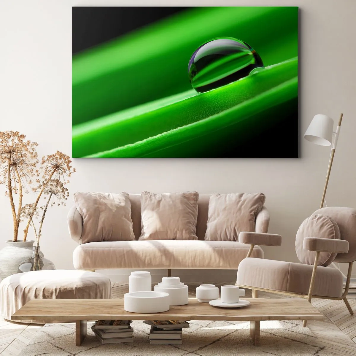 Quadro em tela - Close-up de uma gota de orvalho em uma folha verde - 70x50cm - A vida de perto - Decoração de parede moderna para a sala de estar e quarto ARTTOR