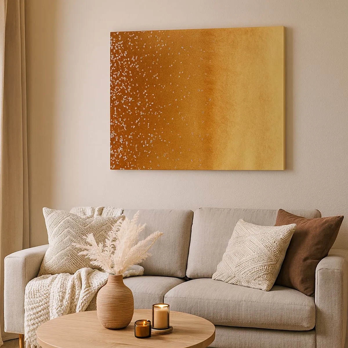 Quadro em tela - Um gradiente dourado com brilho sutil e embelezamento - 70x50cm - O nascimento da luz - Decoração de parede moderna para a sala de estar e quarto ARTTOR