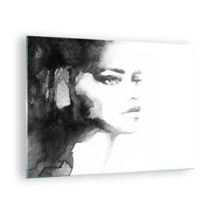 Quadro em vidro - Retrato de uma mulher em aquarela em preto e branco - 70x50cm - Feita de mistério e névoa - Decoração de parede moderna para a sala de estar e quarto ARTTOR