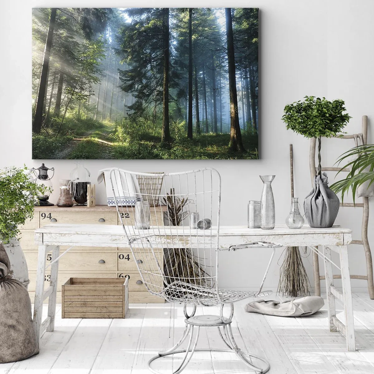 Quadro em tela - Um caminho na floresta iluminado pelos raios do sol da manhã - 70x50cm - Radiante de manhã - Decoração de parede moderna para a sala de estar e quarto ARTTOR