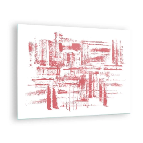 Quadro em vidro - Uma composição abstrata em vermelho que lembra o contorno da arquitetura urbana. - 70x50cm - Cidade Vermelha - Decoração de parede moderna para a sala de estar e quarto ARTTOR