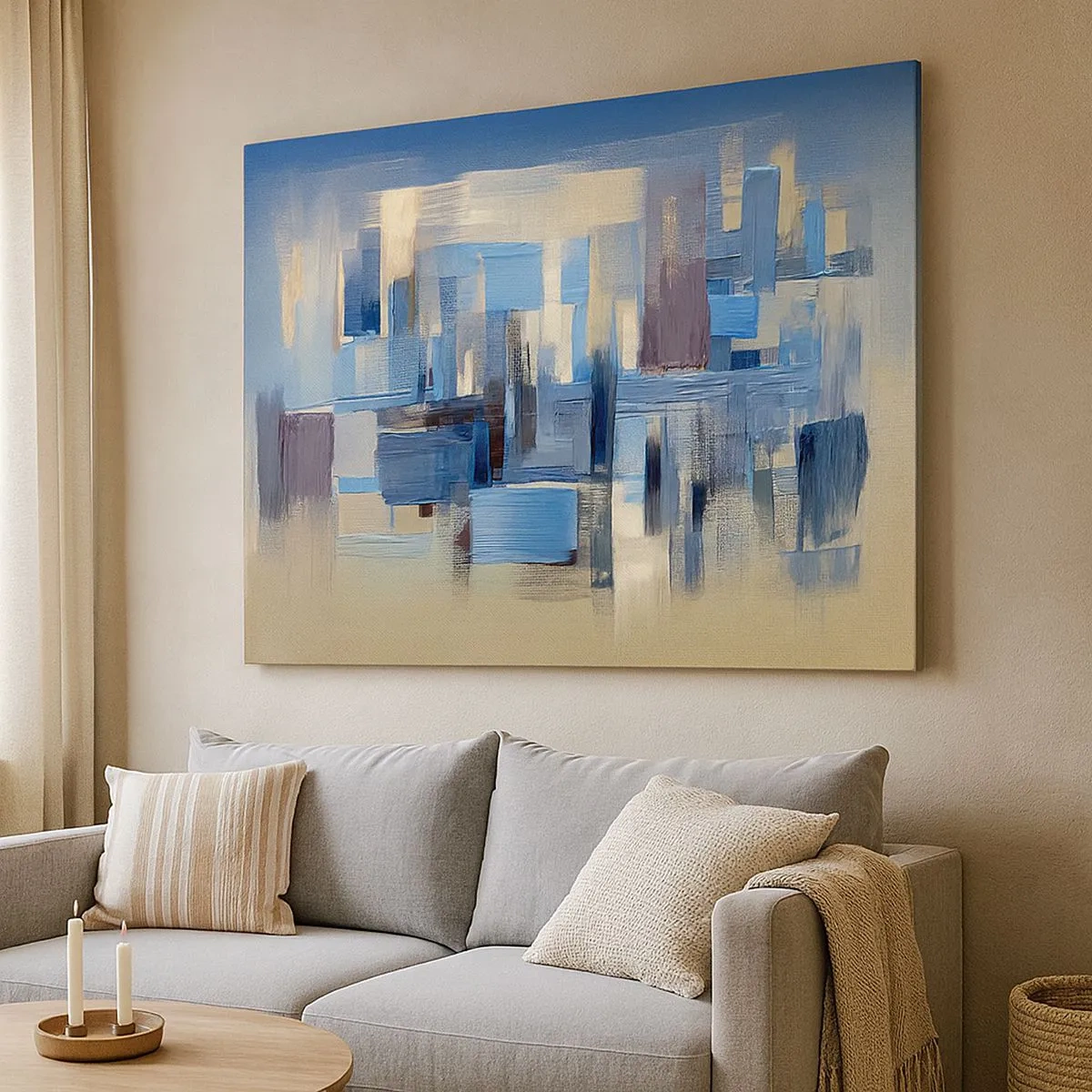Quadro em tela - Formas geométricas em tons de azul e bege - 70x50cm - Construção azul - Decoração de parede moderna para a sala de estar e quarto ARTTOR