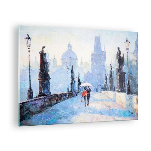 Quadro em vidro - Caminhando com um guarda-chuva em uma ponte histórica em um dia chuvoso - 70x50cm - A chuva deve ter nos encantado - Decoração de parede moderna para a sala de estar e quarto ARTTOR