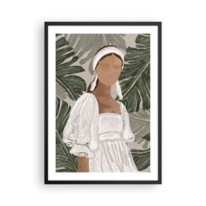 Pôster com moldura preta - Uma mulher de vestido branco sobre um fundo de folhas verdes - 50x70cm - Retrato exótico - Decoração de parede moderna para a sala de estar e quarto ARTTOR