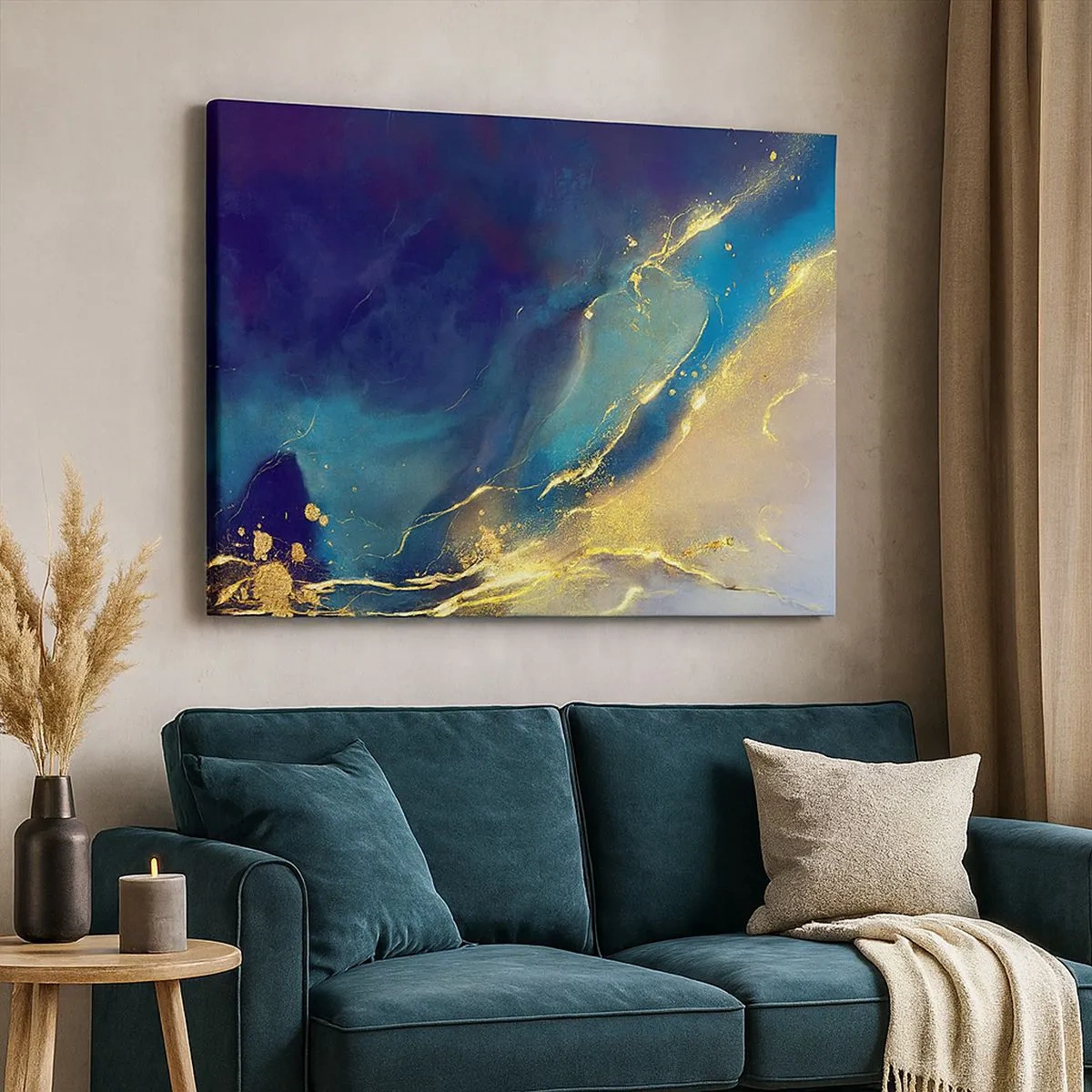 Quadro em tela - Composição abstrata em tons de azul e dourado sobre tela - 70x50cm - Piscina dourada - Decoração de parede moderna para a sala de estar e quarto ARTTOR