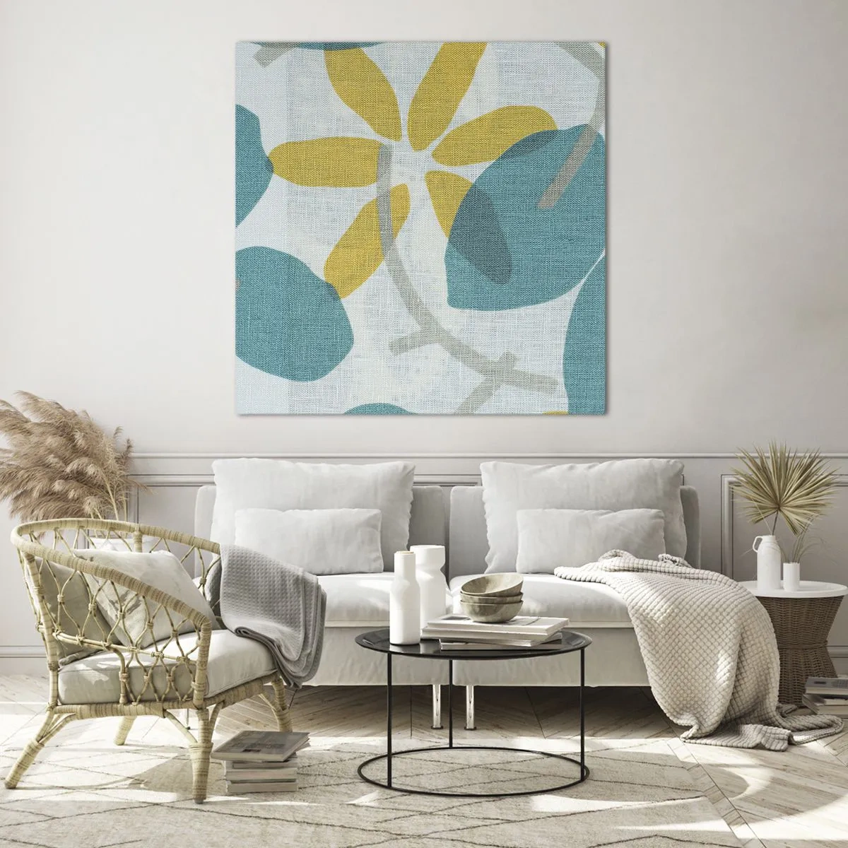 Quadro em vidro - Entre as folhas azuis - 70x70 cm