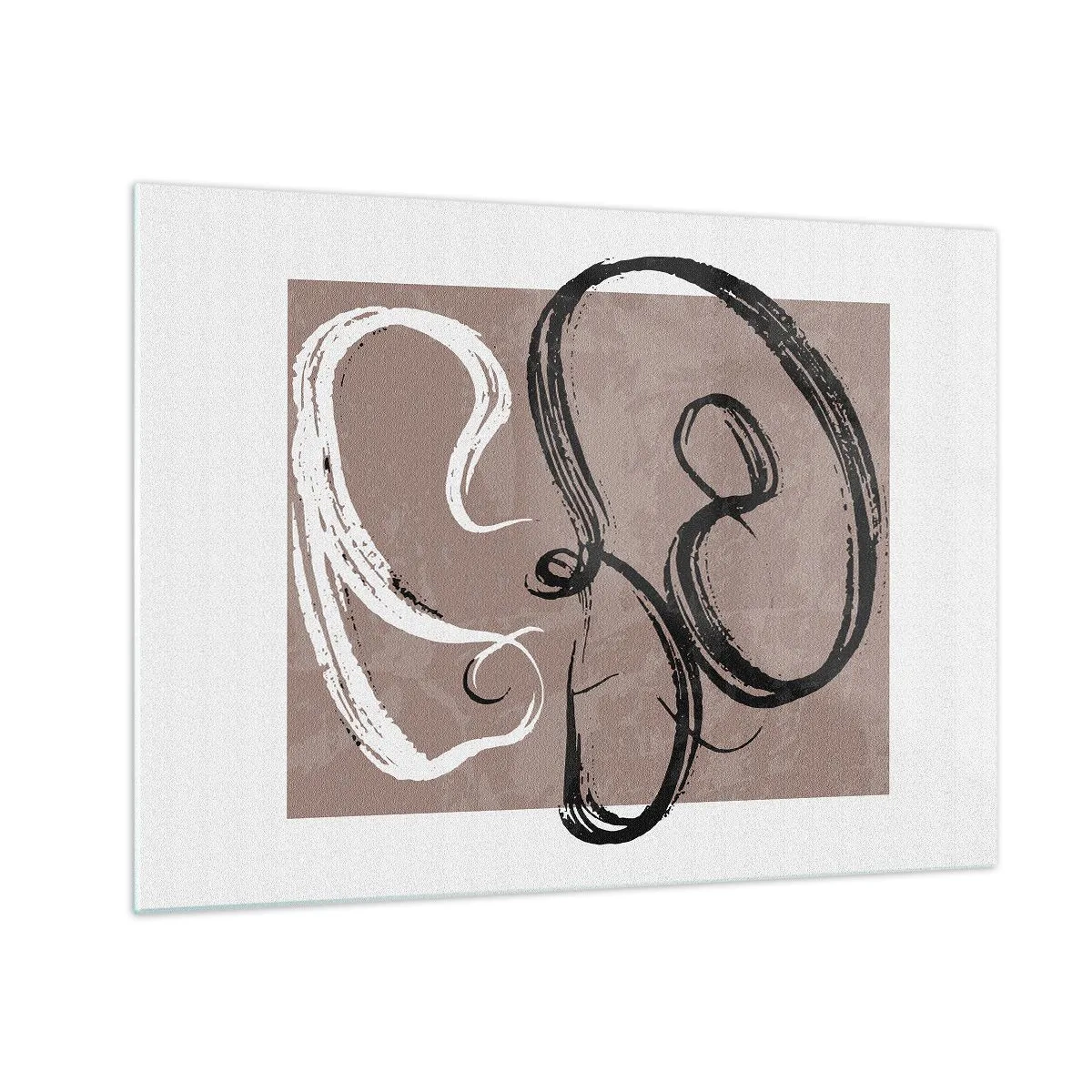 Quadro em vidro - Pinceladas dinâmicas em preto e branco sobre fundo bege. - 70x50cm - Composição – a busca pela plenitude - Decoração de parede moderna para a sala de estar e quarto ARTTOR