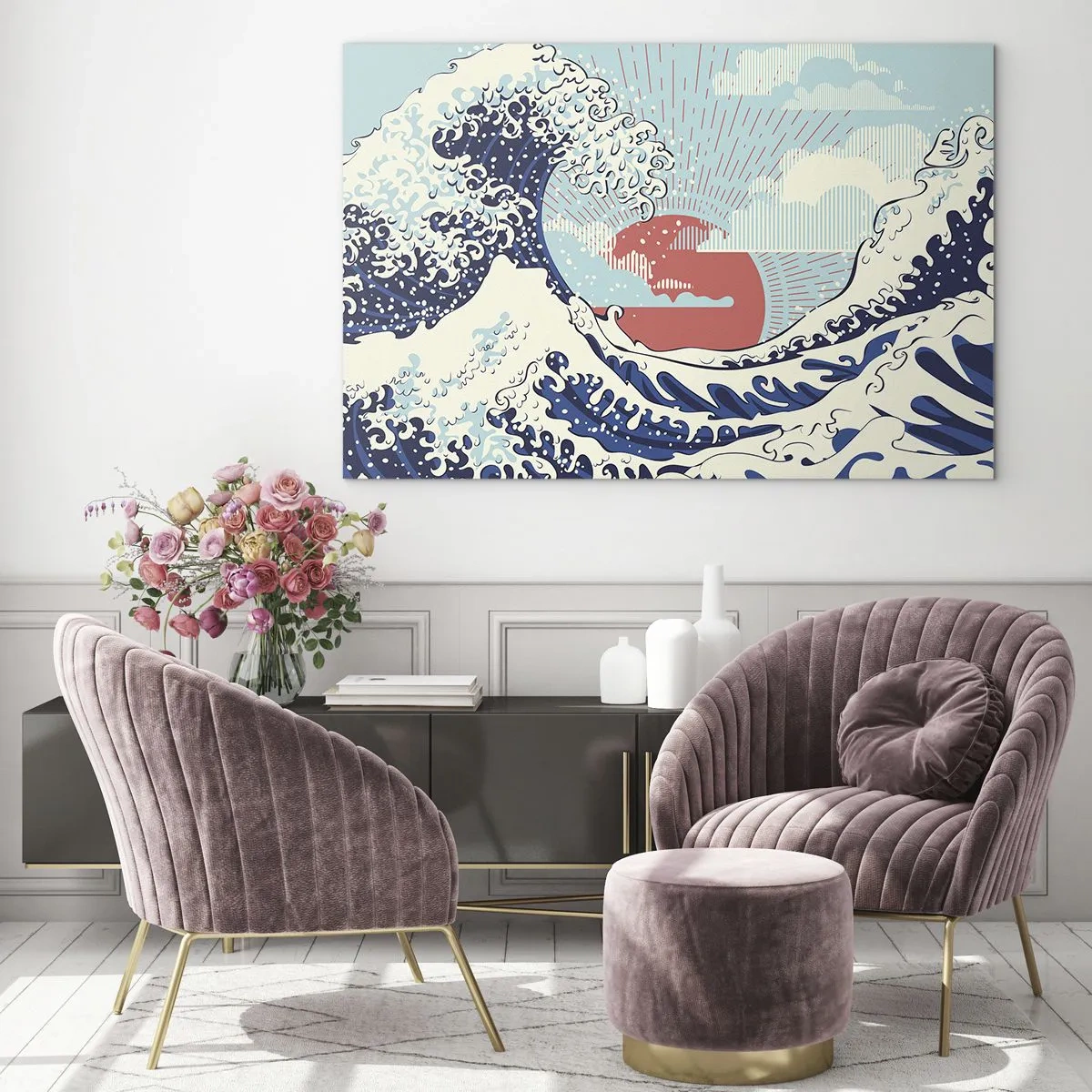 Quadro em vidro - Uma onda estilizada inspirada na arte japonesa - 70x50cm - Das inspirações japonesas - Decoração de parede moderna para a sala de estar e quarto ARTTOR