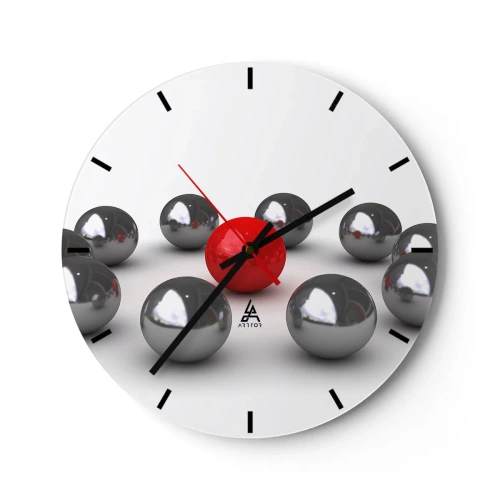 Relógio de parede - Relógio em vidro - Círculo em prata e vermelho - 40x40 cm