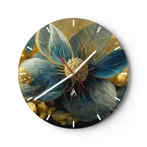 Relógio de parede - Relógio em vidro - Uma flor nas cores ouro e azul - 30x30cm - Florescer com ouro - Decoração de parede moderna para a sala de estar, cozinha e quarto ARTTOR