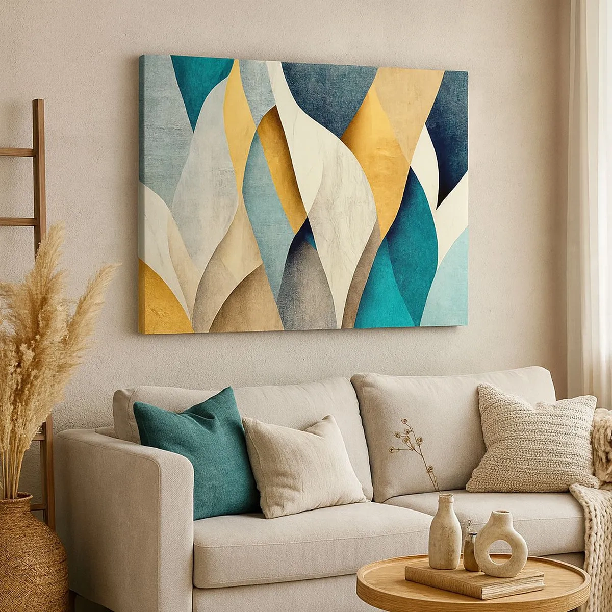 Quadro em tela - Ondas abstratas em tons de azul e dourado - 70x50cm - Ritmo e onda - Decoração de parede moderna para a sala de estar e quarto ARTTOR