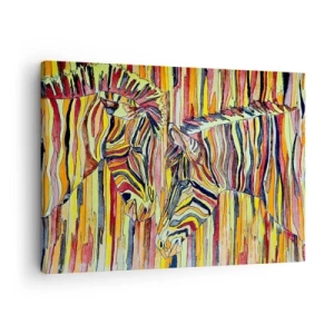 Quadro em tela - Zebras coloridas contra um fundo de listras abstratas - 70x50cm - Então você também... - Decoração de parede moderna para a sala de estar e quarto ARTTOR