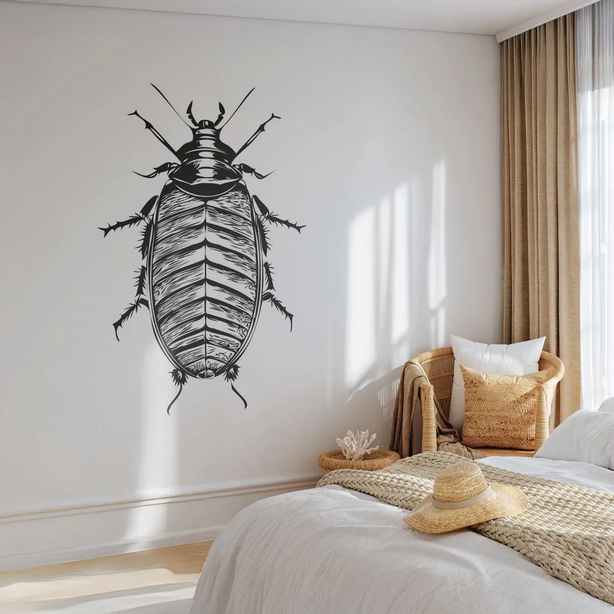 Papel de Parede Standard Eco - Ilustração em preto e branco de um grande inseto em um fundo branco - 100x70cm - Que exemplo! - Decoração de parede moderna para a sala de estar e quarto ARTTOR