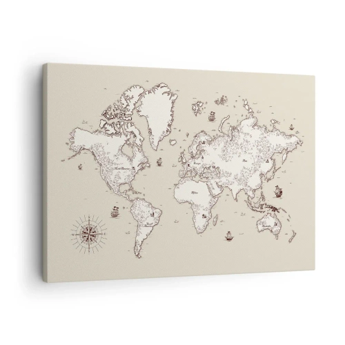 Quadro em tela - Um mapa-múndi estilizado em tons de bege e marrom. - 70x50cm - Uma viagem à volta do mundo - Decoração de parede moderna para a sala de estar e quarto ARTTOR