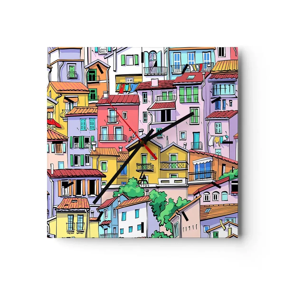 Relógio de parede - Relógio em vidro - Cidade divertida - 30x30 cm