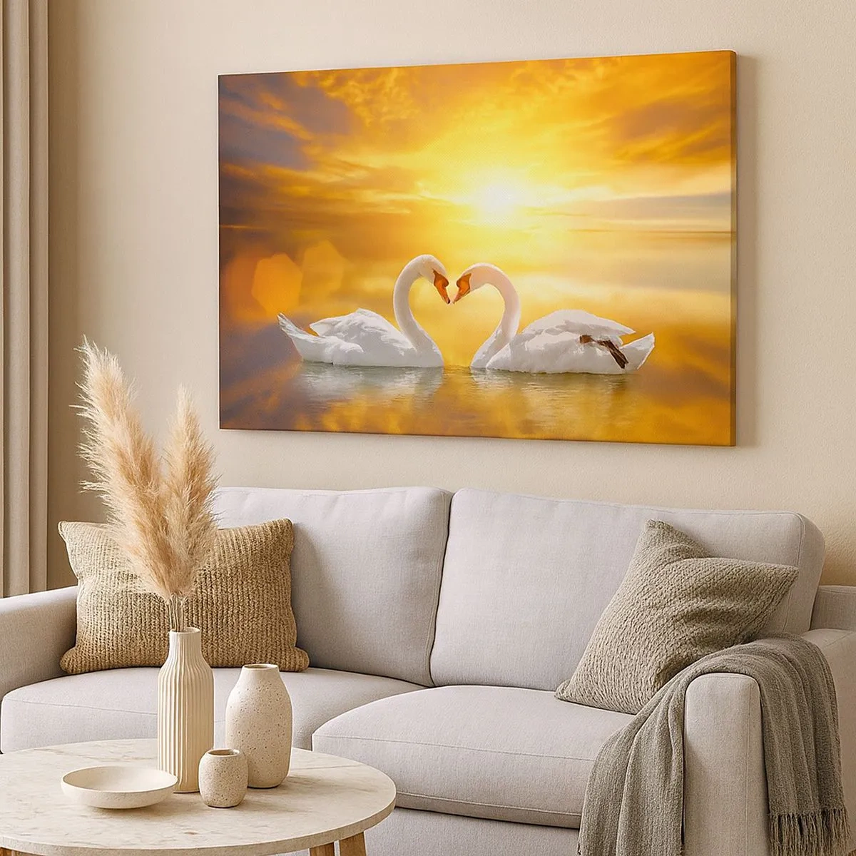 Quadro em tela - Uma cena romântica de dois cisnes formando um coração tendo como pano de fundo um pôr do sol dourado. - 70x50cm - Coração é a palavra mais bonita do mundo... - Decoração de parede moderna para a sala de estar e quarto ARTTOR