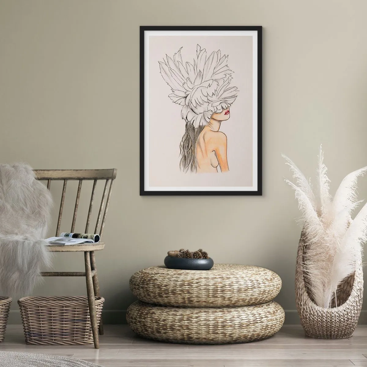 Pôster com moldura preta - Retrato de uma mulher com um chapéu de penas em estilo artístico - 50x70cm - Beleza coroada - Decoração de parede moderna para a sala de estar e quarto ARTTOR
