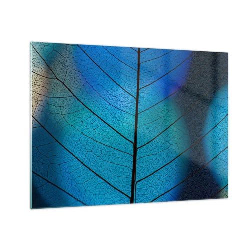 Quadro em vidro - Um close de uma folha azul mostrando a estrutura das nervuras. - 70x50cm - Construção complexa - Decoração de parede moderna para a sala de estar e quarto ARTTOR