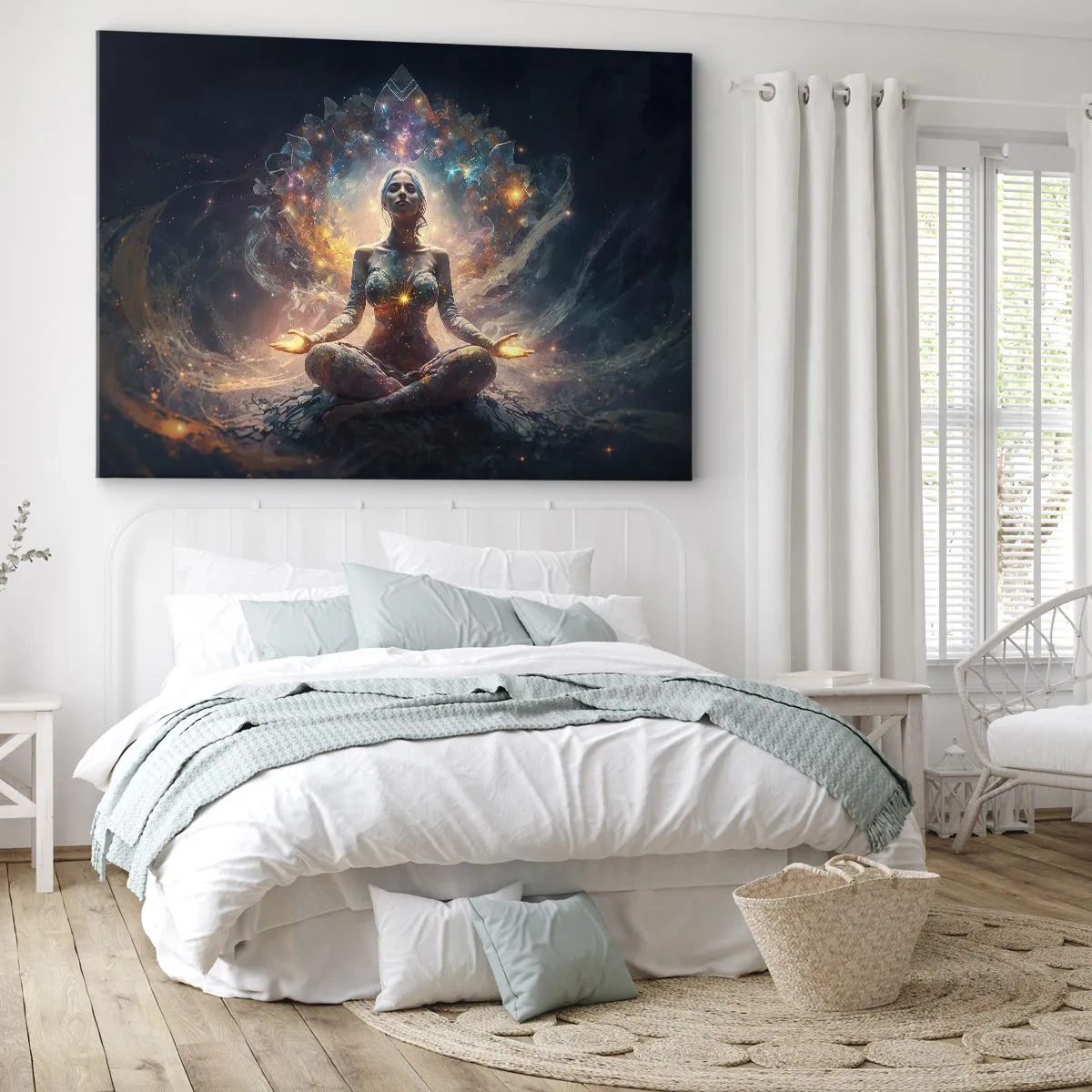 Quadro em tela - Uma figura meditando cercada por padrões e cores energéticas. - 70x50cm - Fluxo de boa energia - Decoração de parede moderna para a sala de estar e quarto ARTTOR