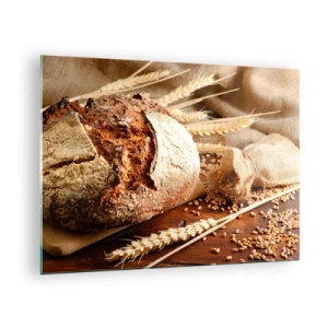 Quadro em vidro - Pão numa tábua com espigas de trigo e sacos de grãos - 70x50cm - Apetitoso, perfumado, crocante - Decoração de parede moderna para a sala de estar e quarto ARTTOR