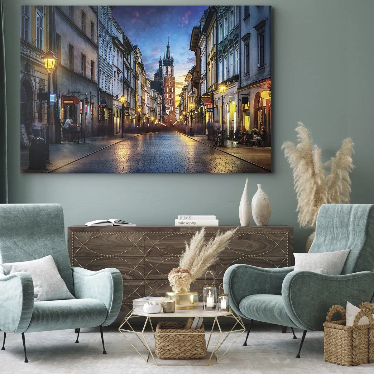 Quadro em tela - Rua noturna com vista para a Catedral de Cracóvia - 70x50cm - O charme de Cracóvia - Decoração de parede moderna para a sala de estar e quarto ARTTOR