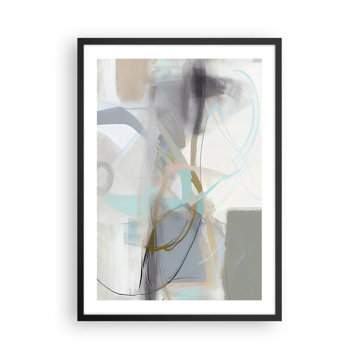 Pôster com moldura preta - Abstração sutil em tons de cinza e azul - 50x70cm - Abstração enevoada - Decoração de parede moderna para a sala de estar e quarto ARTTOR