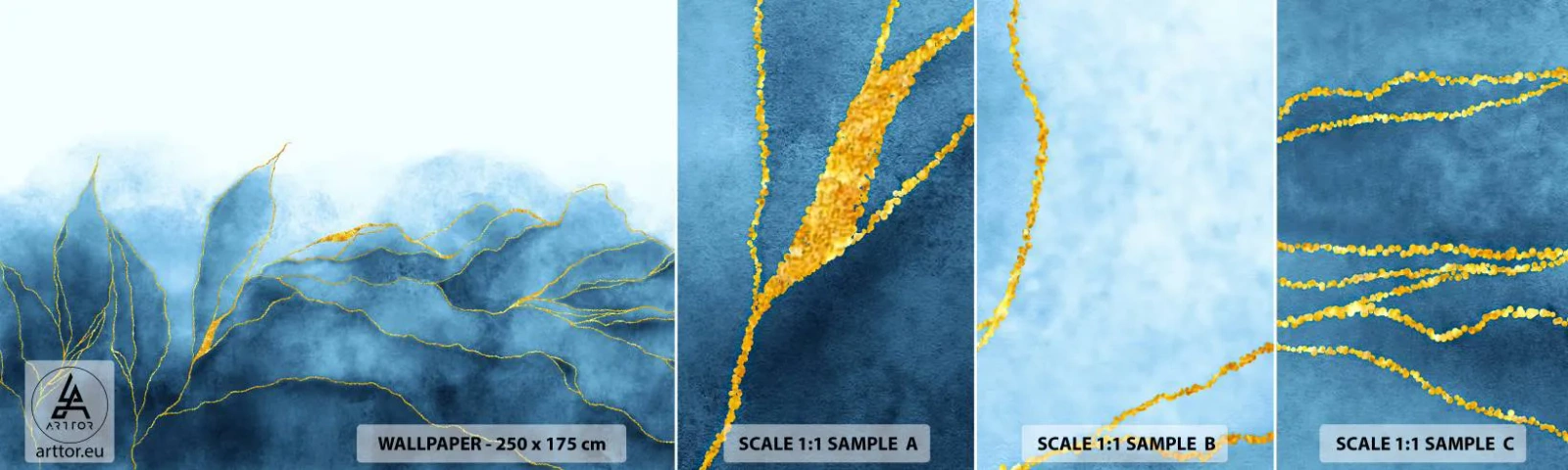 Amostra de Papel de Parede Standard Eco - Azul dourado - Luxo, Glamour, Abstração - 100x30 cm