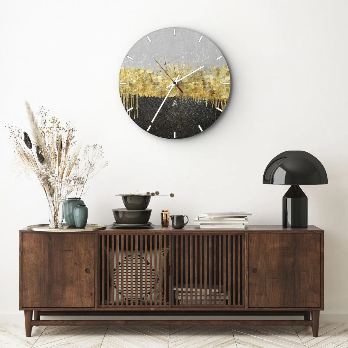 Relógio de parede - Relógio em vidro - Reflexos dourados em uma composição artística sobre um fundo preto e cinza - 30x30cm - Para dentro e para cima - Decoração de parede moderna para a sala de estar, cozinha e quarto ARTTOR
