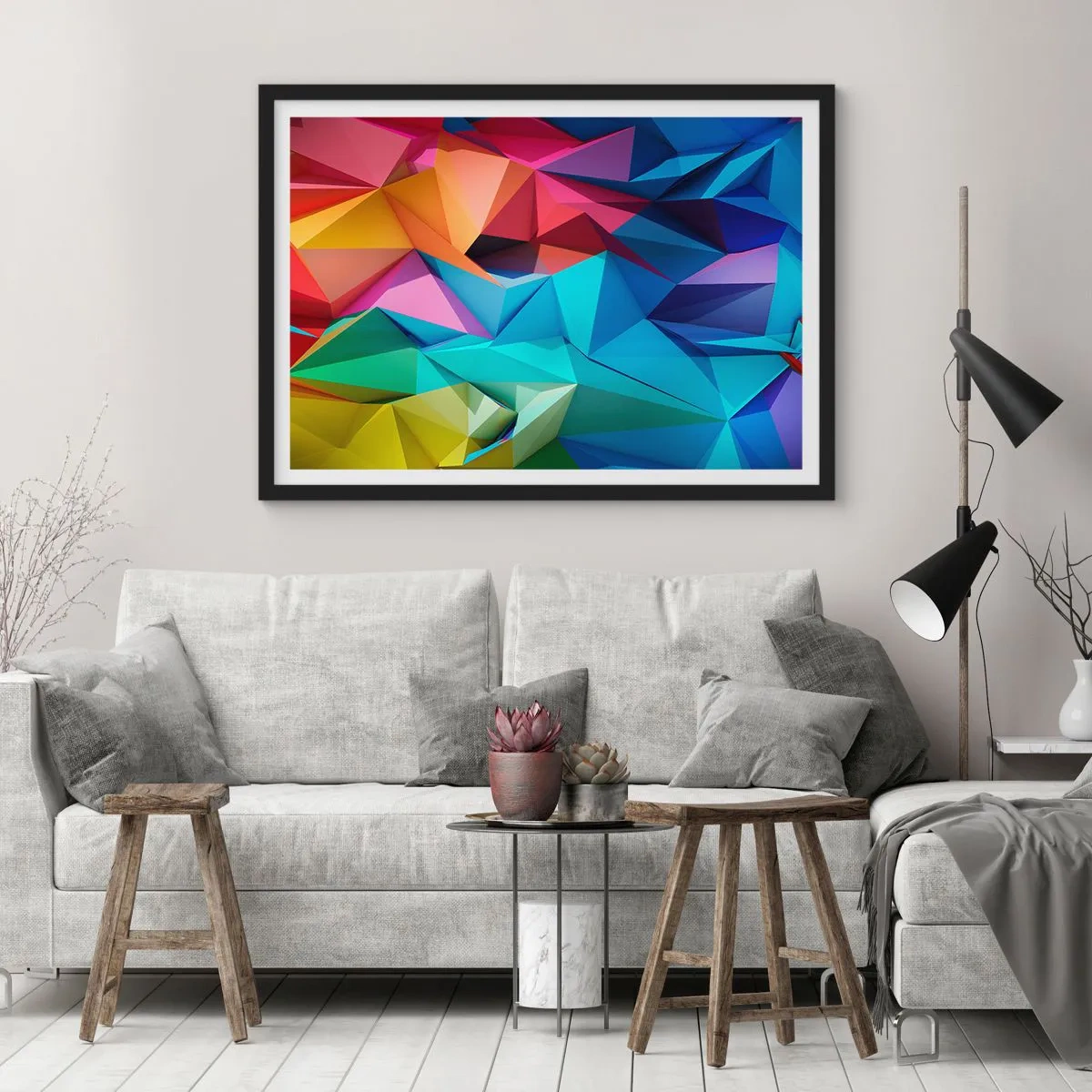 Pôster com moldura preta - Arco-íris de origami - 50x40 cm