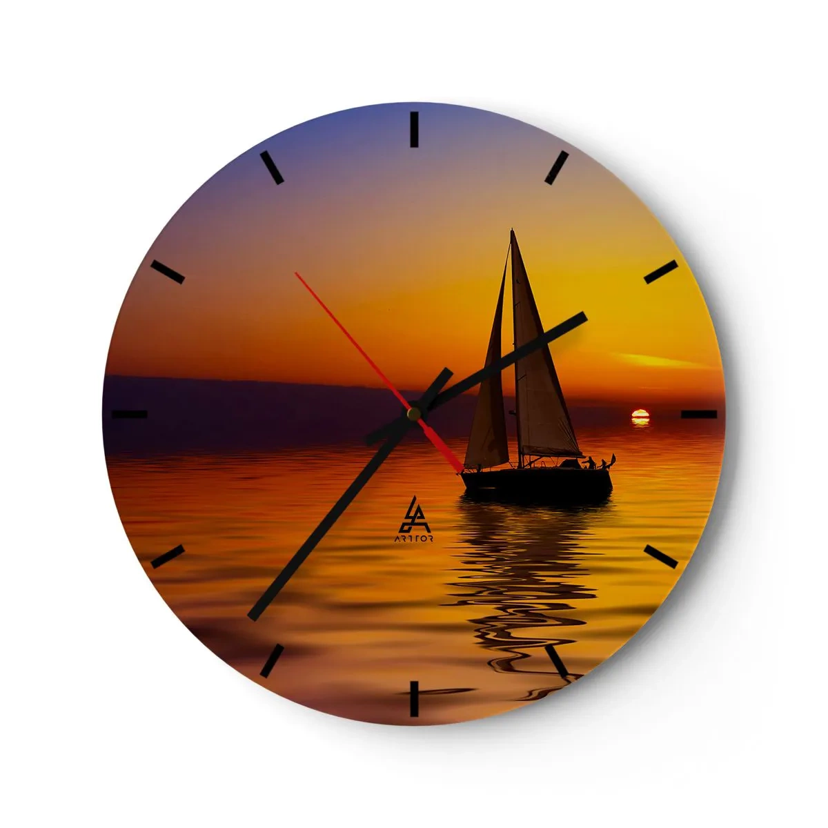 Relógio de parede - Relógio em vidro - Um veleiro no mar ao pôr do sol - 30x30cm - Tranquilo anoitecer... - Decoração de parede moderna para a sala de estar, cozinha e quarto ARTTOR