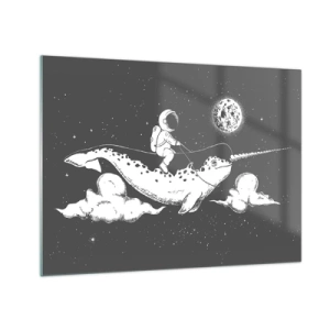 Quadro em vidro - Astronauta cavalgando um narval em um ambiente espacial - 70x50cm - Cavaleiro Espacial - Decoração de parede moderna para a sala de estar e quarto ARTTOR