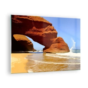 Quadro em vidro - Arcos de rocha vermelha sobre a praia e o oceano - 70x50cm - Água e vento por milhares de anos - Decoração de parede moderna para a sala de estar e quarto ARTTOR