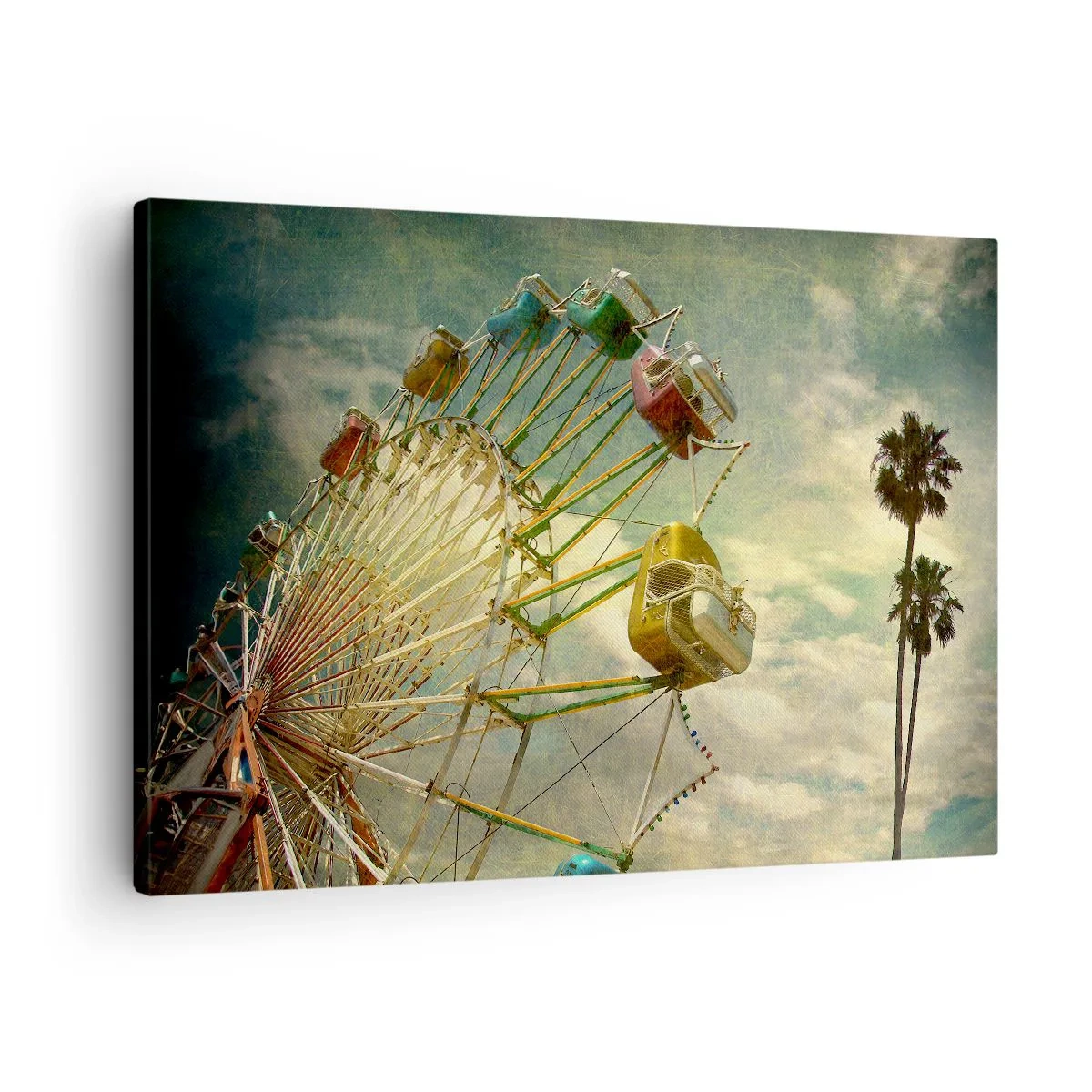Quadro em tela - Foto retrô de uma roda gigante com palmeiras contra o céu - 70x50cm - Será divertido… - Decoração de parede moderna para a sala de estar e quarto ARTTOR