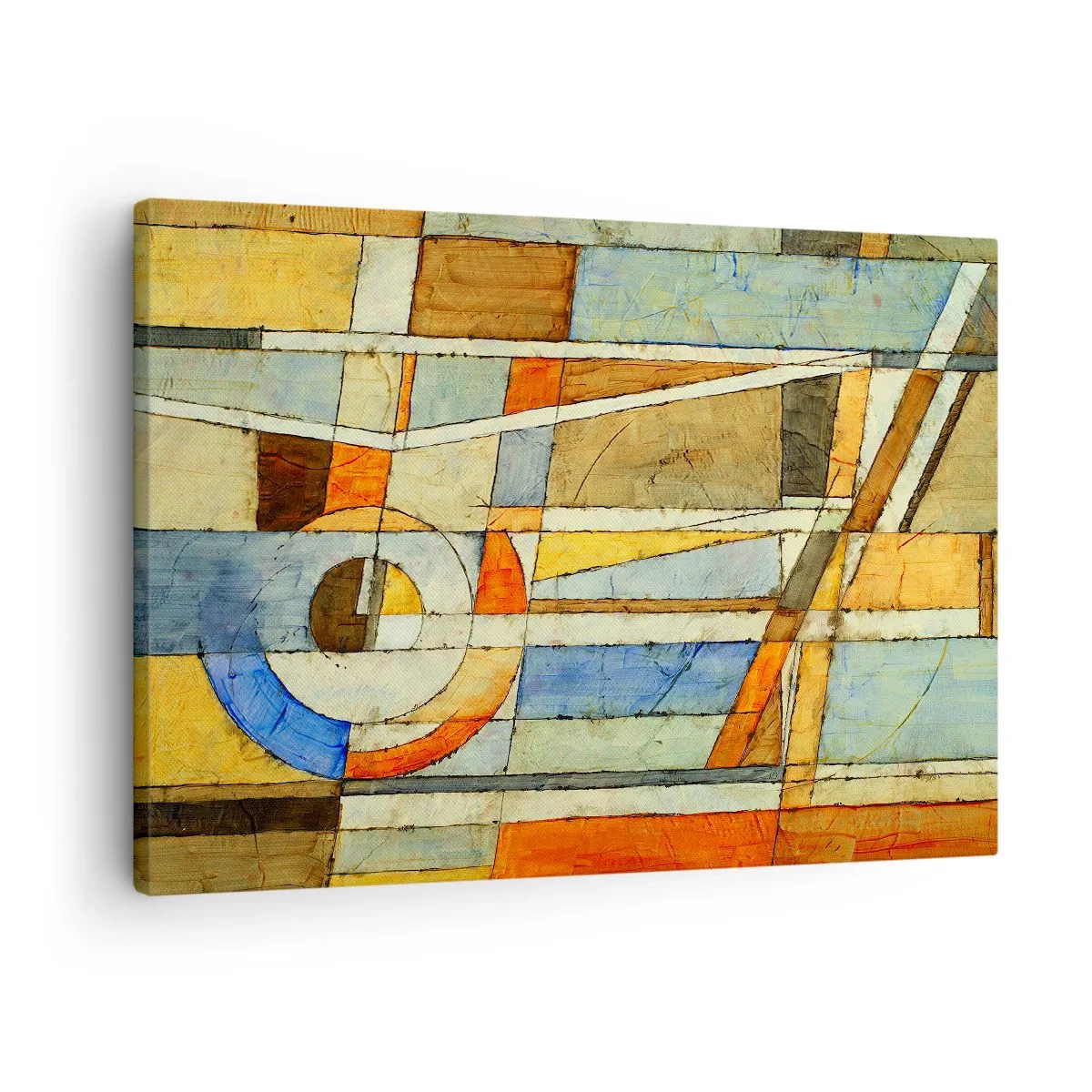 Quadro em tela - Abstração geométrica em tons de bege, azul e laranja - 70x50cm - Cubismo em construção - Decoração de parede moderna para a sala de estar e quarto ARTTOR