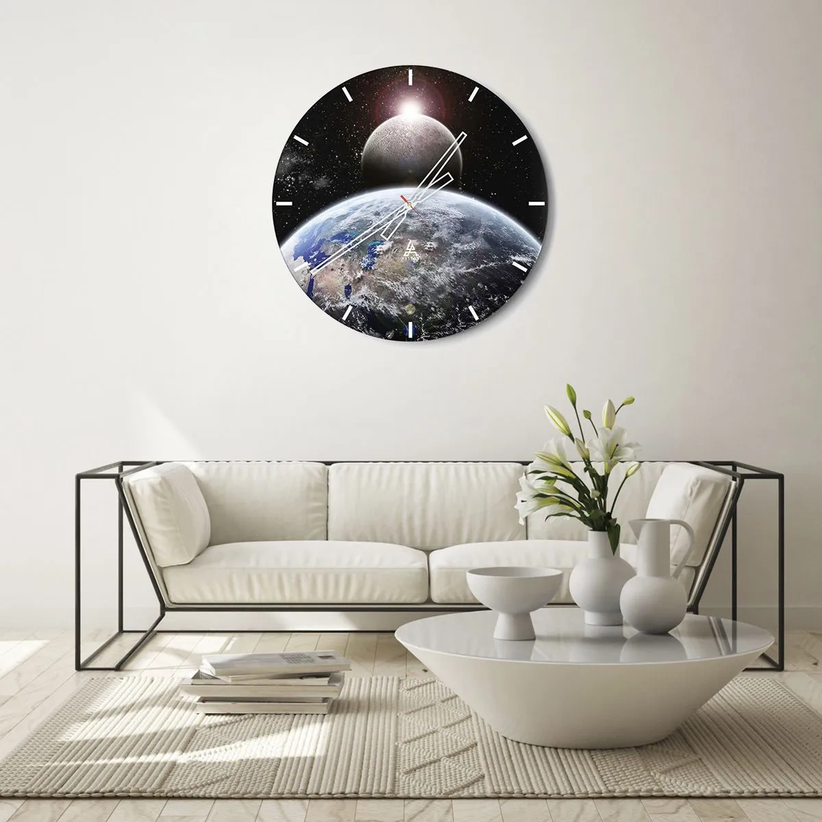 Relógio de parede - Relógio em vidro - Terra e Lua no espaço - 30x30cm - Paisagem espacial - o nascer do sol - Decoração de parede moderna para a sala de estar, cozinha e quarto ARTTOR