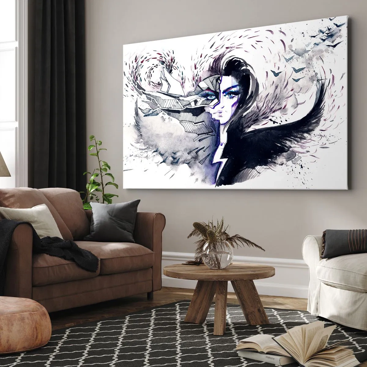 Quadro em tela - Rosto abstrato com elementos contrastantes e um motivo de asa - 70x50cm - Demoníaca e linda - Decoração de parede moderna para a sala de estar e quarto ARTTOR