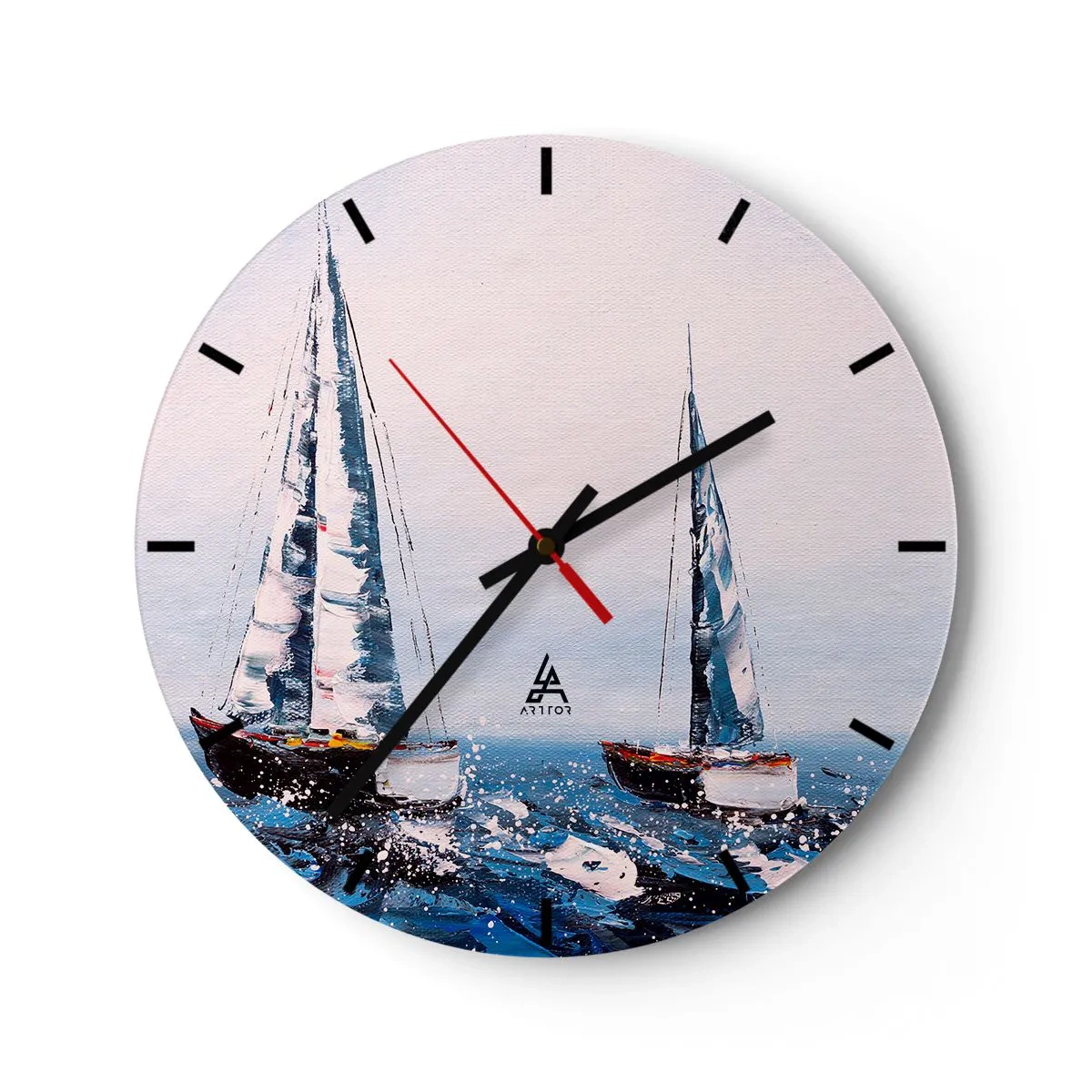 Relógio de parede - Relógio em vidro - Dois veleiros em um mar tempestuoso em estilo pictórico - 30x30cm - Irmandade do vento - Decoração de parede moderna para a sala de estar, cozinha e quarto ARTTOR