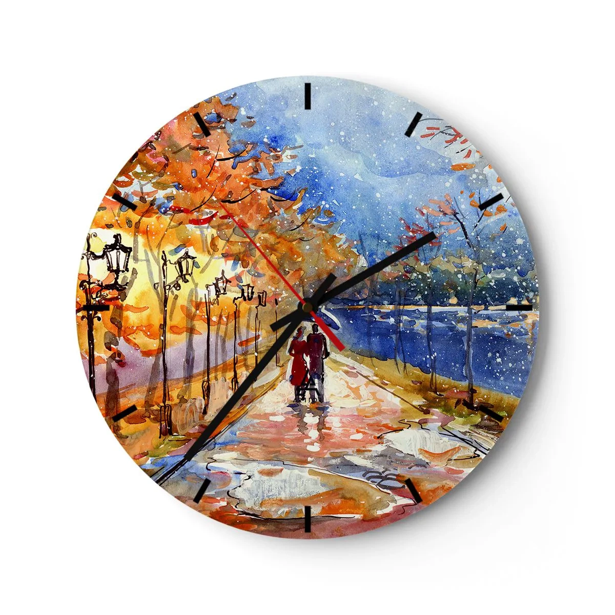 Relógio de parede - Relógio em vidro - Parque de outono com um beco, lanternas e um casal caminhando - 30x30cm - Juntos até ao limite do tempo - Decoração de parede moderna para a sala de estar, cozinha e quarto ARTTOR