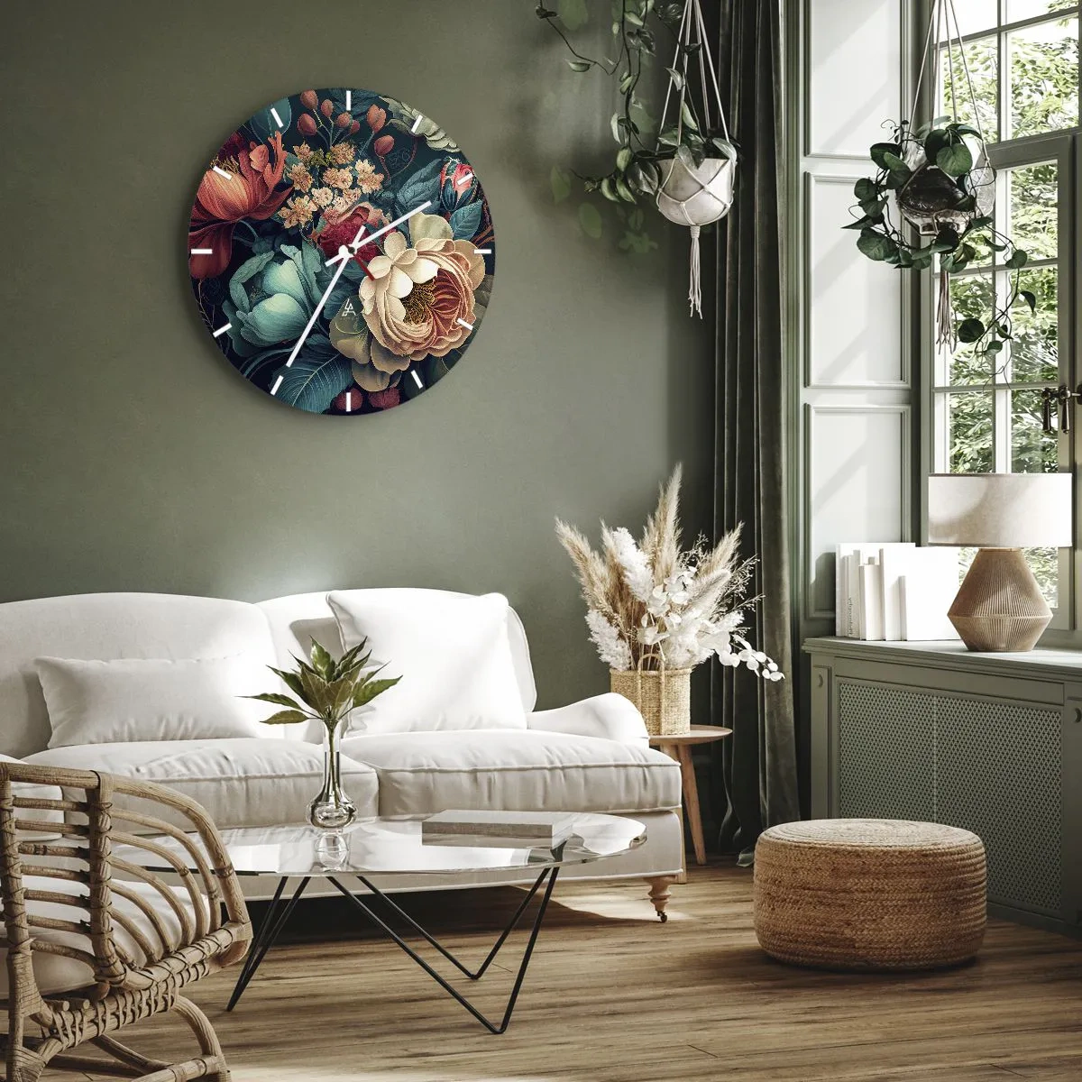Relógio de parede - Relógio em vidro - Padrão floral com grandes flores em tons pastel e bordô - 30x30cm - Charme do século 19 - Decoração de parede moderna para a sala de estar, cozinha e quarto ARTTOR