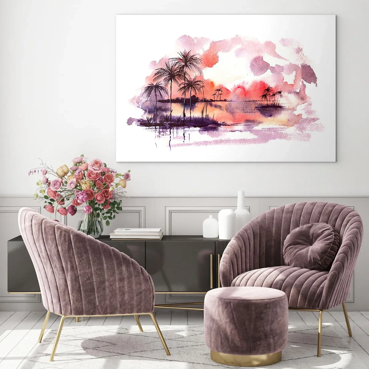Quadro em vidro - Paisagem tropical ao pôr do sol em aquarela - 70x50cm - A tranquilidade dos trópicos em vermelho - Decoração de parede moderna para a sala de estar e quarto ARTTOR