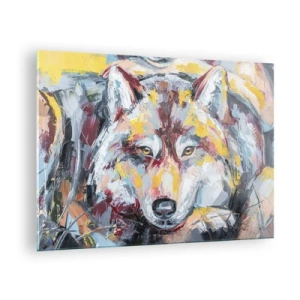 Quadro em vidro - Retrato colorido de um lobo no estilo expressionista - 70x50cm - Paz entre entes queridos - Decoração de parede moderna para a sala de estar e quarto ARTTOR